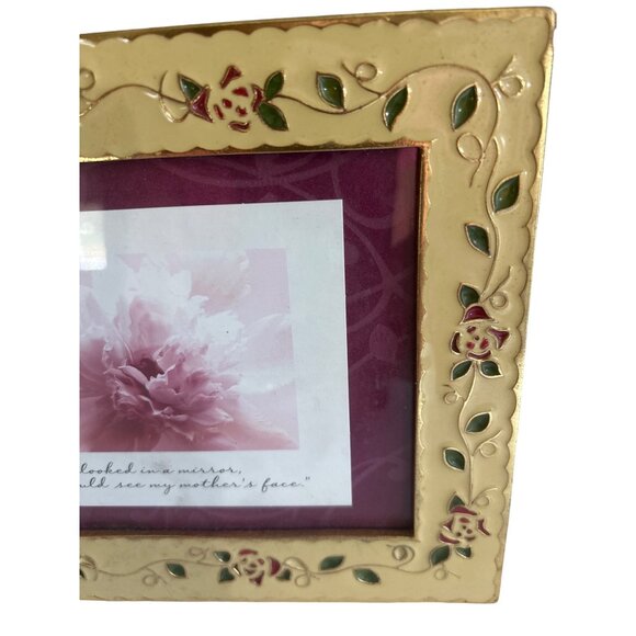Vintage Ornate Yellow Floral Metal Picture Frame With Red Green Rose Design - Picture 2 of 7